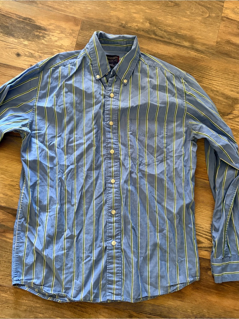 American Eagle Outfitters Blue Button-Down Shirt with Green Stripes